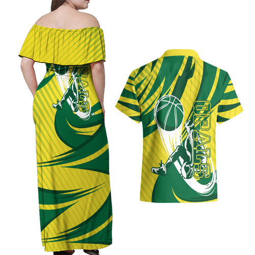 Australian Opals Basketball Couples Matching Off Shoulder Maxi Dress and Hawaiian Shirt Green and Gold Tribal Pattern Athletic Abstract Art