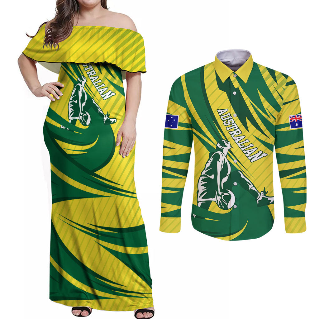Australian Opals Basketball Couples Matching Off Shoulder Maxi Dress and Long Sleeve Button Shirt Green and Gold Tribal Pattern Athletic Abstract Art