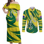 Australian Opals Basketball Couples Matching Off Shoulder Maxi Dress and Long Sleeve Button Shirt Green and Gold Tribal Pattern Athletic Abstract Art