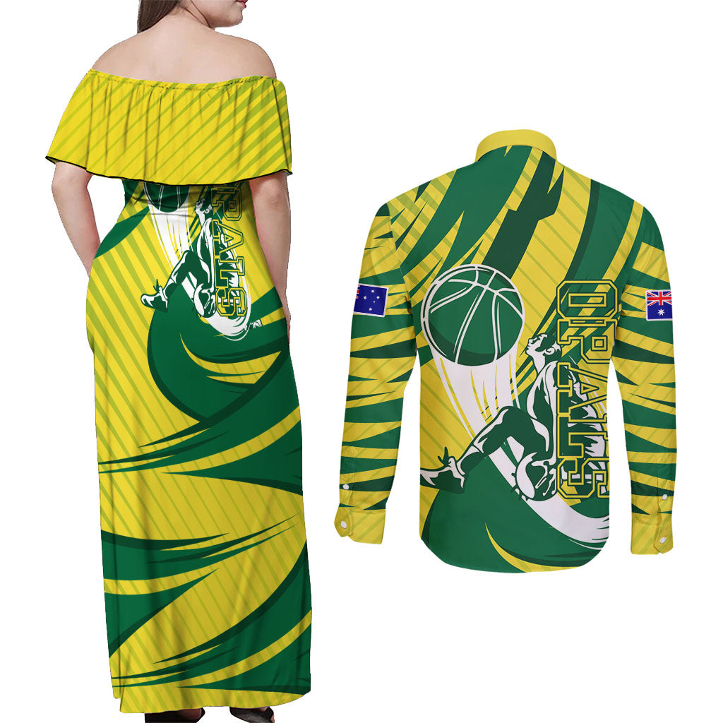 Australian Opals Basketball Couples Matching Off Shoulder Maxi Dress and Long Sleeve Button Shirt Green and Gold Tribal Pattern Athletic Abstract Art