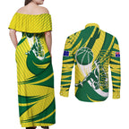 Australian Opals Basketball Couples Matching Off Shoulder Maxi Dress and Long Sleeve Button Shirt Green and Gold Tribal Pattern Athletic Abstract Art