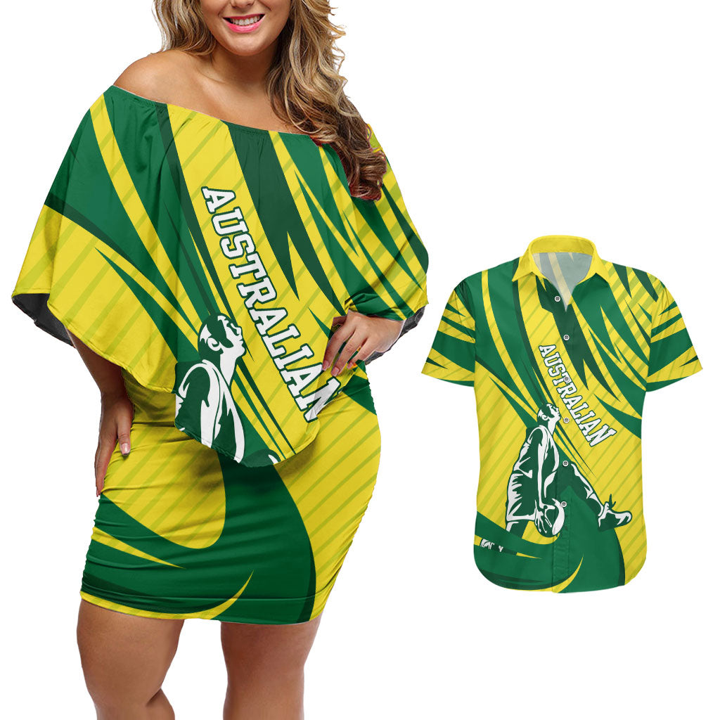Australian Opals Basketball Couples Matching Off Shoulder Short Dress and Hawaiian Shirt Green and Gold Tribal Pattern Athletic Abstract Art