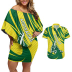 Australian Opals Basketball Couples Matching Off Shoulder Short Dress and Hawaiian Shirt Green and Gold Tribal Pattern Athletic Abstract Art