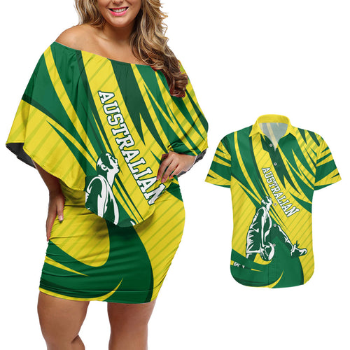 Australian Opals Basketball Couples Matching Off Shoulder Short Dress and Hawaiian Shirt Green and Gold Tribal Pattern Athletic Abstract Art