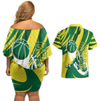 Australian Opals Basketball Couples Matching Off Shoulder Short Dress and Hawaiian Shirt Green and Gold Tribal Pattern Athletic Abstract Art
