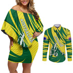 Australian Opals Basketball Couples Matching Off Shoulder Short Dress and Long Sleeve Button Shirt Green and Gold Tribal Pattern Athletic Abstract Art
