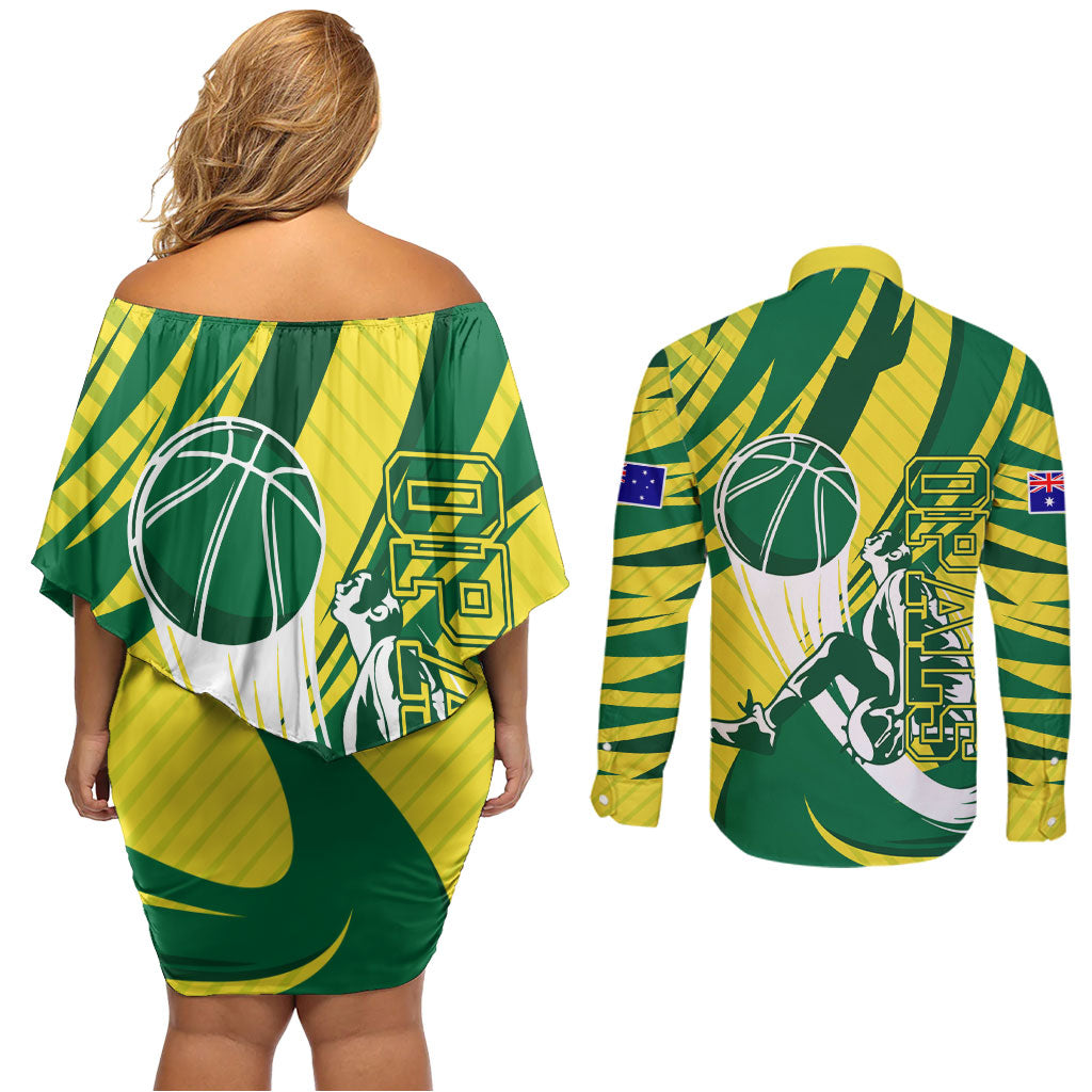 Australian Opals Basketball Couples Matching Off Shoulder Short Dress and Long Sleeve Button Shirt Green and Gold Tribal Pattern Athletic Abstract Art