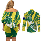 Australian Opals Basketball Couples Matching Off Shoulder Short Dress and Long Sleeve Button Shirt Green and Gold Tribal Pattern Athletic Abstract Art