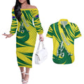 Australian Opals Basketball Couples Matching Off The Shoulder Long Sleeve Dress and Hawaiian Shirt Green and Gold Tribal Pattern Athletic Abstract Art