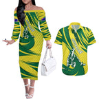 Australian Opals Basketball Couples Matching Off The Shoulder Long Sleeve Dress and Hawaiian Shirt Green and Gold Tribal Pattern Athletic Abstract Art