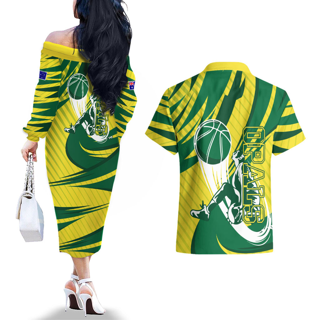 Australian Opals Basketball Couples Matching Off The Shoulder Long Sleeve Dress and Hawaiian Shirt Green and Gold Tribal Pattern Athletic Abstract Art