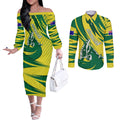 Australian Opals Basketball Couples Matching Off The Shoulder Long Sleeve Dress and Long Sleeve Button Shirt Green and Gold Tribal Pattern Athletic Abstract Art