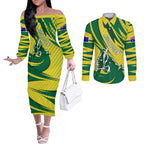 Australian Opals Basketball Couples Matching Off The Shoulder Long Sleeve Dress and Long Sleeve Button Shirt Green and Gold Tribal Pattern Athletic Abstract Art