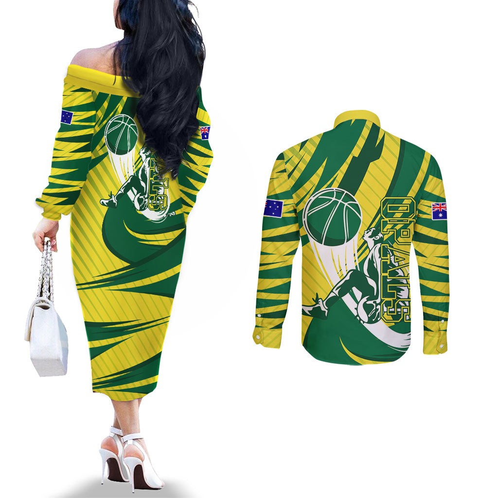 Australian Opals Basketball Couples Matching Off The Shoulder Long Sleeve Dress and Long Sleeve Button Shirt Green and Gold Tribal Pattern Athletic Abstract Art