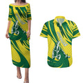 Australian Opals Basketball Couples Matching Puletasi and Hawaiian Shirt Green and Gold Tribal Pattern Athletic Abstract Art