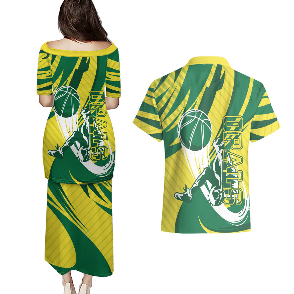 Australian Opals Basketball Couples Matching Puletasi and Hawaiian Shirt Green and Gold Tribal Pattern Athletic Abstract Art