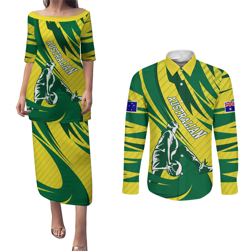 Australian Opals Basketball Couples Matching Puletasi and Long Sleeve Button Shirt Green and Gold Tribal Pattern Athletic Abstract Art