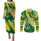 Australian Opals Basketball Couples Matching Puletasi and Long Sleeve Button Shirt Green and Gold Tribal Pattern Athletic Abstract Art