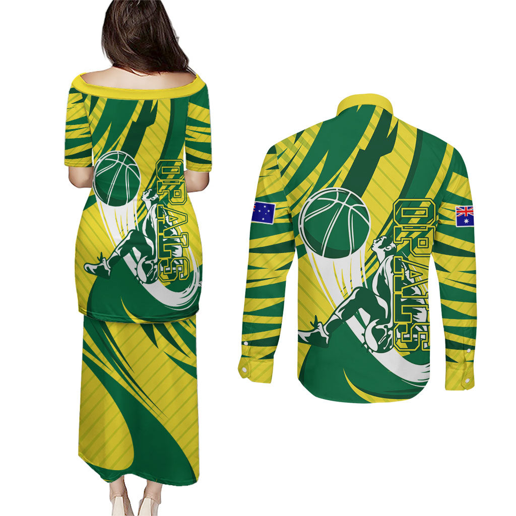 Australian Opals Basketball Couples Matching Puletasi and Long Sleeve Button Shirt Green and Gold Tribal Pattern Athletic Abstract Art