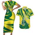 Australian Opals Basketball Couples Matching Short Sleeve Bodycon Dress and Hawaiian Shirt Green and Gold Tribal Pattern Athletic Abstract Art
