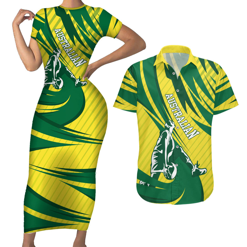 Australian Opals Basketball Couples Matching Short Sleeve Bodycon Dress and Hawaiian Shirt Green and Gold Tribal Pattern Athletic Abstract Art