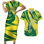 Australian Opals Basketball Couples Matching Short Sleeve Bodycon Dress and Hawaiian Shirt Green and Gold Tribal Pattern Athletic Abstract Art