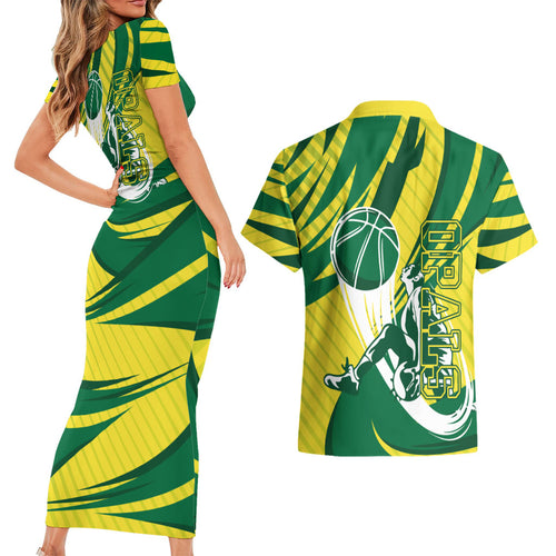 Australian Opals Basketball Couples Matching Short Sleeve Bodycon Dress and Hawaiian Shirt Green and Gold Tribal Pattern Athletic Abstract Art