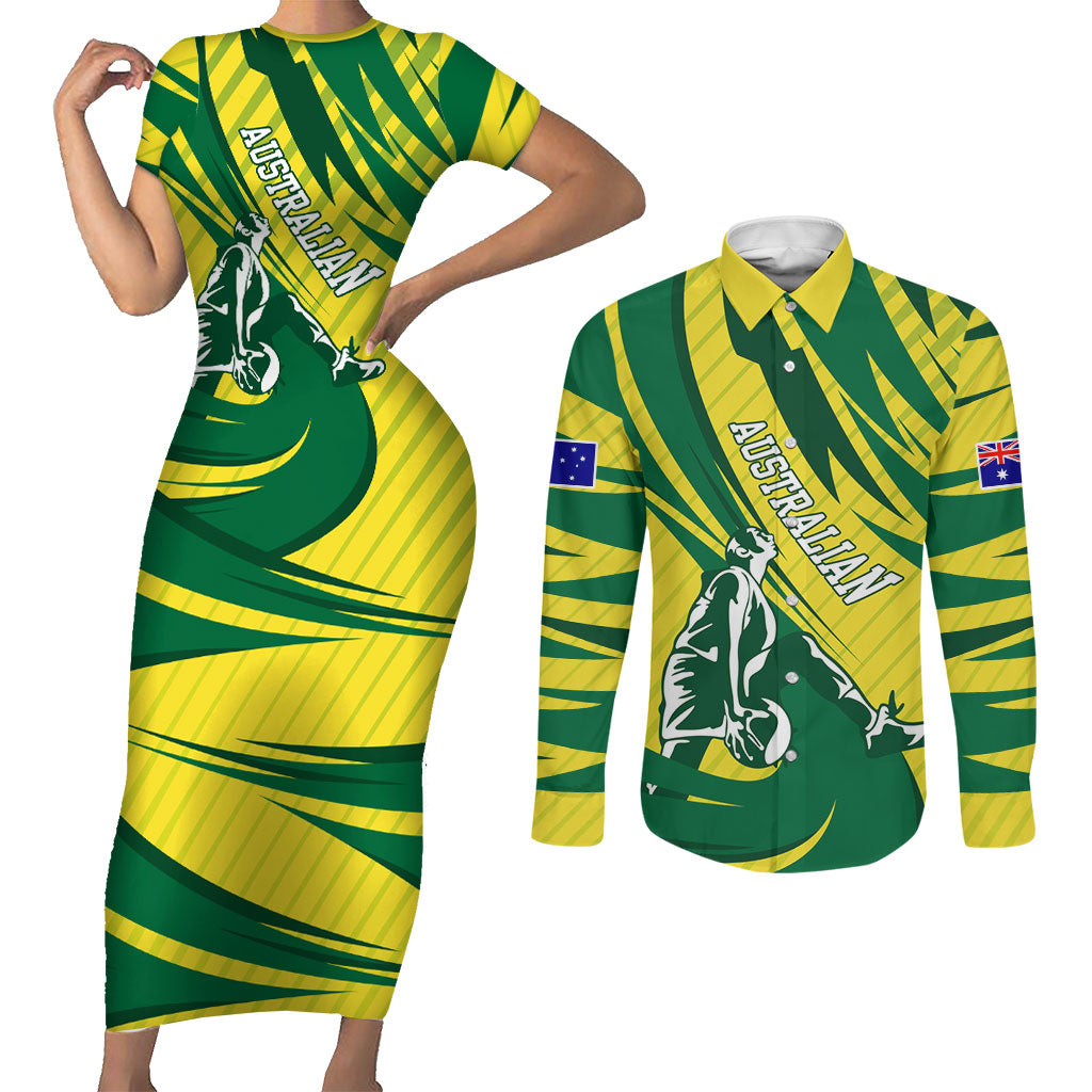 Australian Opals Basketball Couples Matching Short Sleeve Bodycon Dress and Long Sleeve Button Shirt Green and Gold Tribal Pattern Athletic Abstract Art