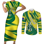 Australian Opals Basketball Couples Matching Short Sleeve Bodycon Dress and Long Sleeve Button Shirt Green and Gold Tribal Pattern Athletic Abstract Art