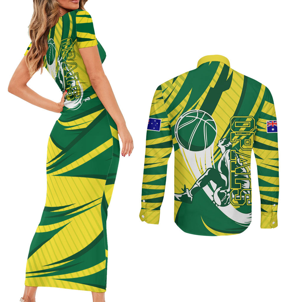 Australian Opals Basketball Couples Matching Short Sleeve Bodycon Dress and Long Sleeve Button Shirt Green and Gold Tribal Pattern Athletic Abstract Art