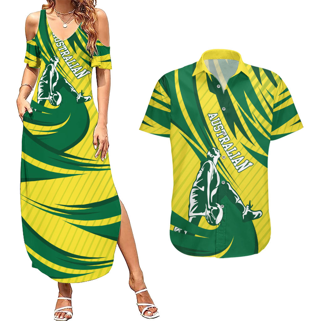 Australian Opals Basketball Couples Matching Summer Maxi Dress and Hawaiian Shirt Green and Gold Tribal Pattern Athletic Abstract Art