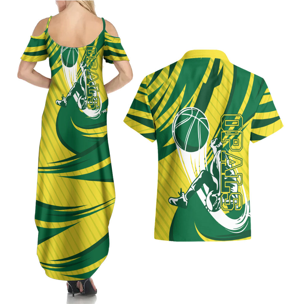 Australian Opals Basketball Couples Matching Summer Maxi Dress and Hawaiian Shirt Green and Gold Tribal Pattern Athletic Abstract Art