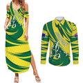 Australian Opals Basketball Couples Matching Summer Maxi Dress and Long Sleeve Button Shirt Green and Gold Tribal Pattern Athletic Abstract Art