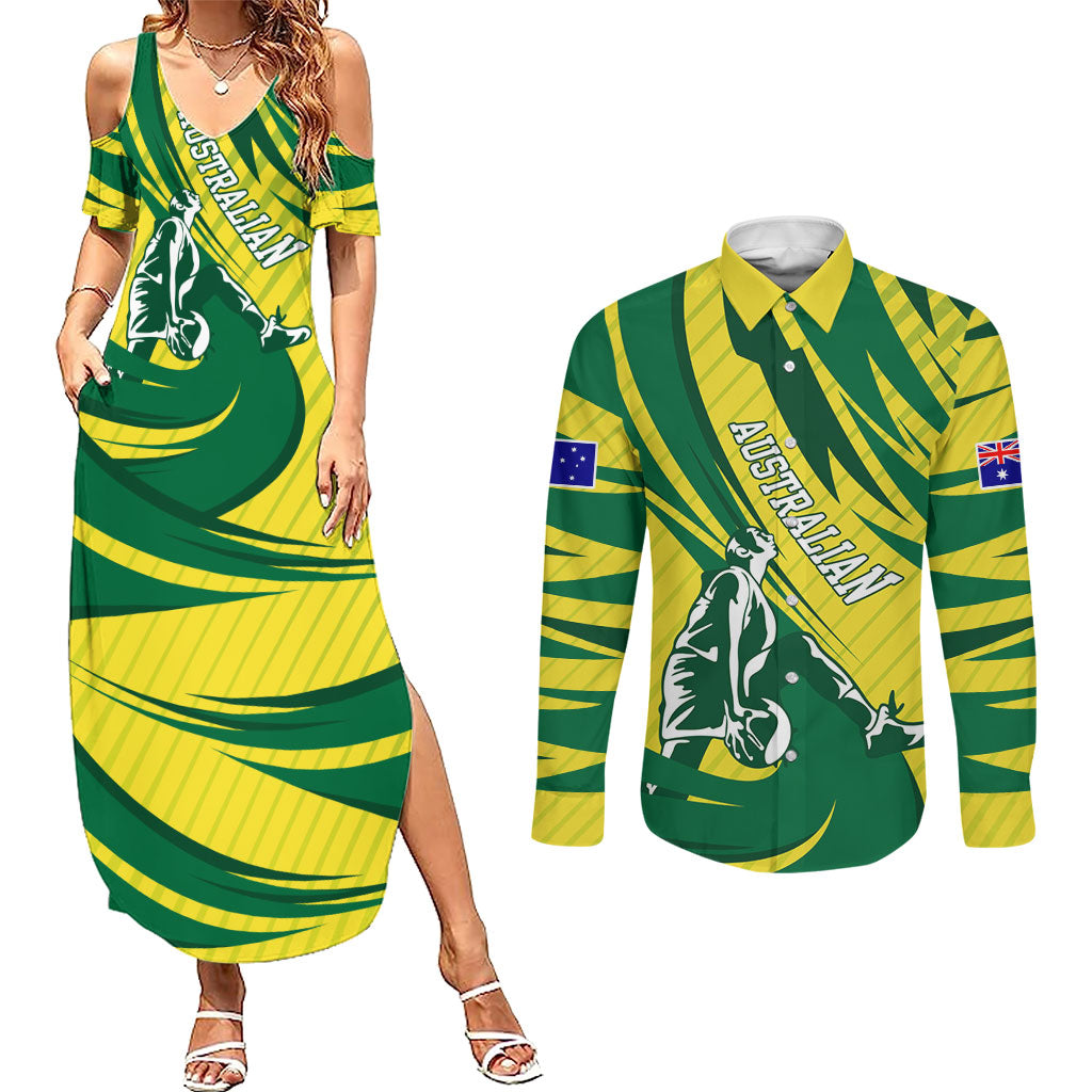 Australian Opals Basketball Couples Matching Summer Maxi Dress and Long Sleeve Button Shirt Green and Gold Tribal Pattern Athletic Abstract Art