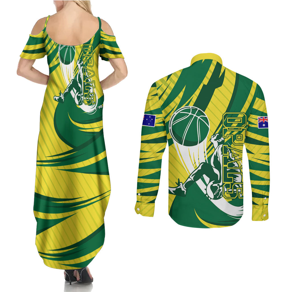 Australian Opals Basketball Couples Matching Summer Maxi Dress and Long Sleeve Button Shirt Green and Gold Tribal Pattern Athletic Abstract Art