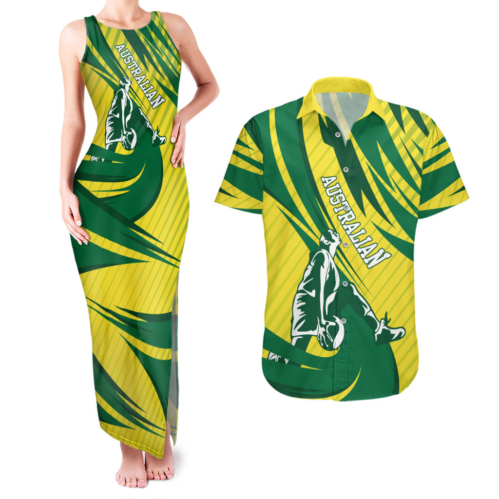 Australian Opals Basketball Couples Matching Tank Maxi Dress and Hawaiian Shirt Green and Gold Tribal Pattern Athletic Abstract Art