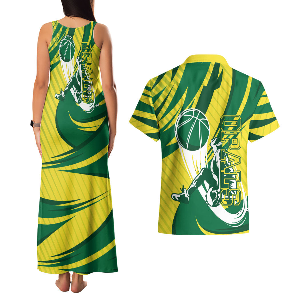 Australian Opals Basketball Couples Matching Tank Maxi Dress and Hawaiian Shirt Green and Gold Tribal Pattern Athletic Abstract Art