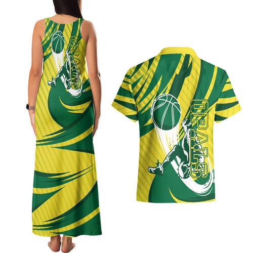 Australian Opals Basketball Couples Matching Tank Maxi Dress and Hawaiian Shirt Green and Gold Tribal Pattern Athletic Abstract Art