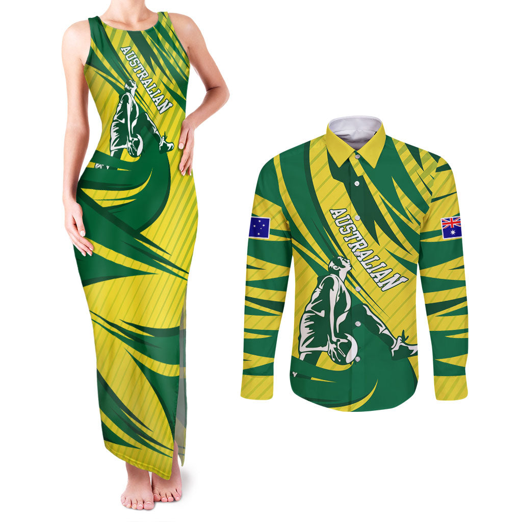 Australian Opals Basketball Couples Matching Tank Maxi Dress and Long Sleeve Button Shirt Green and Gold Tribal Pattern Athletic Abstract Art