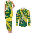 Australian Opals Basketball Couples Matching Tank Maxi Dress and Long Sleeve Button Shirt Green and Gold Tribal Pattern Athletic Abstract Art