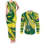 Australian Opals Basketball Couples Matching Tank Maxi Dress and Long Sleeve Button Shirt Green and Gold Tribal Pattern Athletic Abstract Art