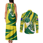 Australian Opals Basketball Couples Matching Tank Maxi Dress and Long Sleeve Button Shirt Green and Gold Tribal Pattern Athletic Abstract Art