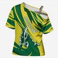 Australian Opals Basketball Cross Shoulder Shirt Green and Gold Tribal Pattern Athletic Abstract Art