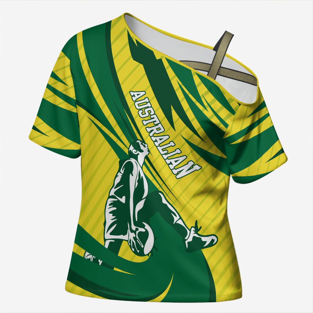 Australian Opals Basketball Cross Shoulder Shirt Green and Gold Tribal Pattern Athletic Abstract Art