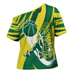 Australian Opals Basketball Cross Shoulder Shirt Green and Gold Tribal Pattern Athletic Abstract Art