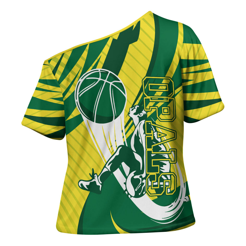 Australian Opals Basketball Cross Shoulder Shirt Green and Gold Tribal Pattern Athletic Abstract Art