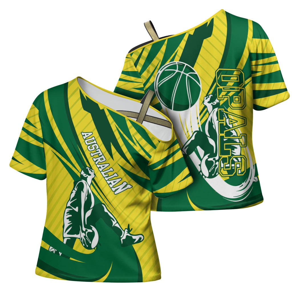 Australian Opals Basketball Cross Shoulder Shirt Green and Gold Tribal Pattern Athletic Abstract Art