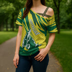 Australian Opals Basketball Cross Shoulder Shirt Green and Gold Tribal Pattern Athletic Abstract Art