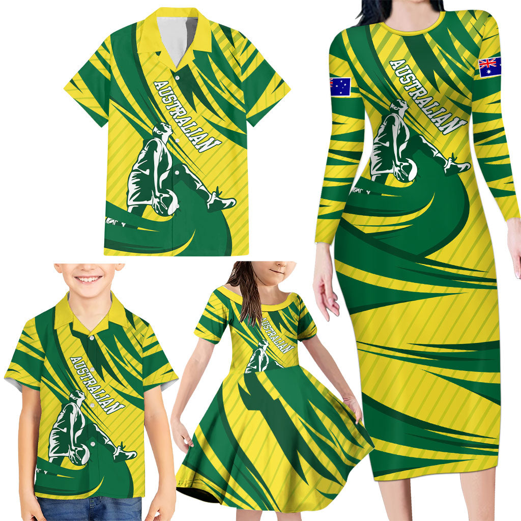 Australian Opals Basketball Family Matching Long Sleeve Bodycon Dress and Hawaiian Shirt Green and Gold Tribal Pattern Athletic Abstract Art