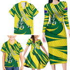 Australian Opals Basketball Family Matching Long Sleeve Bodycon Dress and Hawaiian Shirt Green and Gold Tribal Pattern Athletic Abstract Art